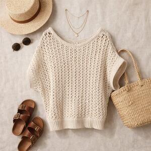 We The Free Chunky Crochet Cotton Sweater Boho Minimalist Open Knit Ivory XS